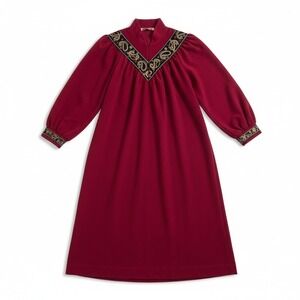 Vanity‎ Fair Red Fleece Paisley Embroidered Lounge Dress, Vintage Women's Large
